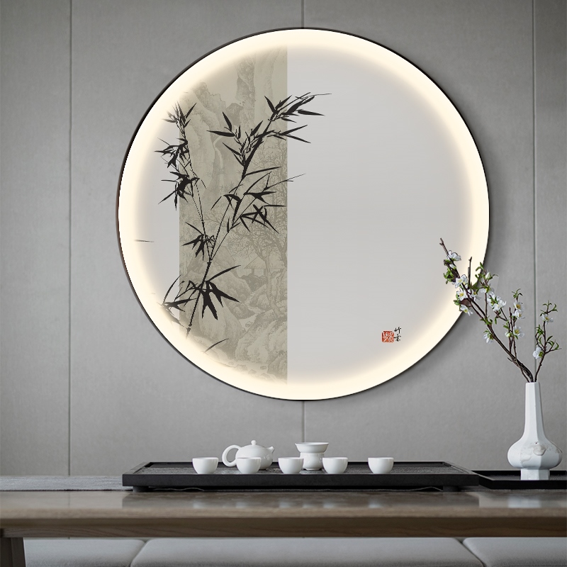 网红玄关圆形装饰画禅意入户LED发光画中式茶室书房竹子松树带灯图片