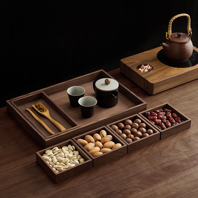 黑胡桃实木托盘日式长方形茶盘木质托盘家用茶水杯水具托盘六件套