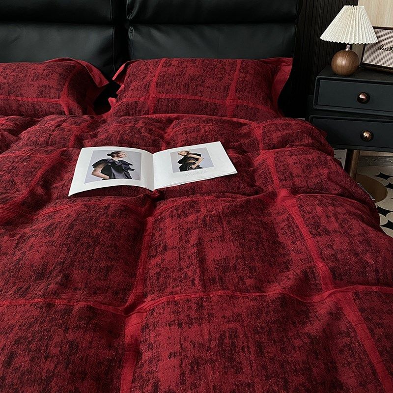 简约红色全棉双层纱提花四件套水洗纯棉被套床上三件套加厚结婚庆,床上用品,婚庆床品套件,淘宝优惠券,粉丝福利购,淘宝优惠卷