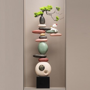 入户玄关造景迎客松石来运转招财猫摆件新中式 饰品 客厅大型落地装