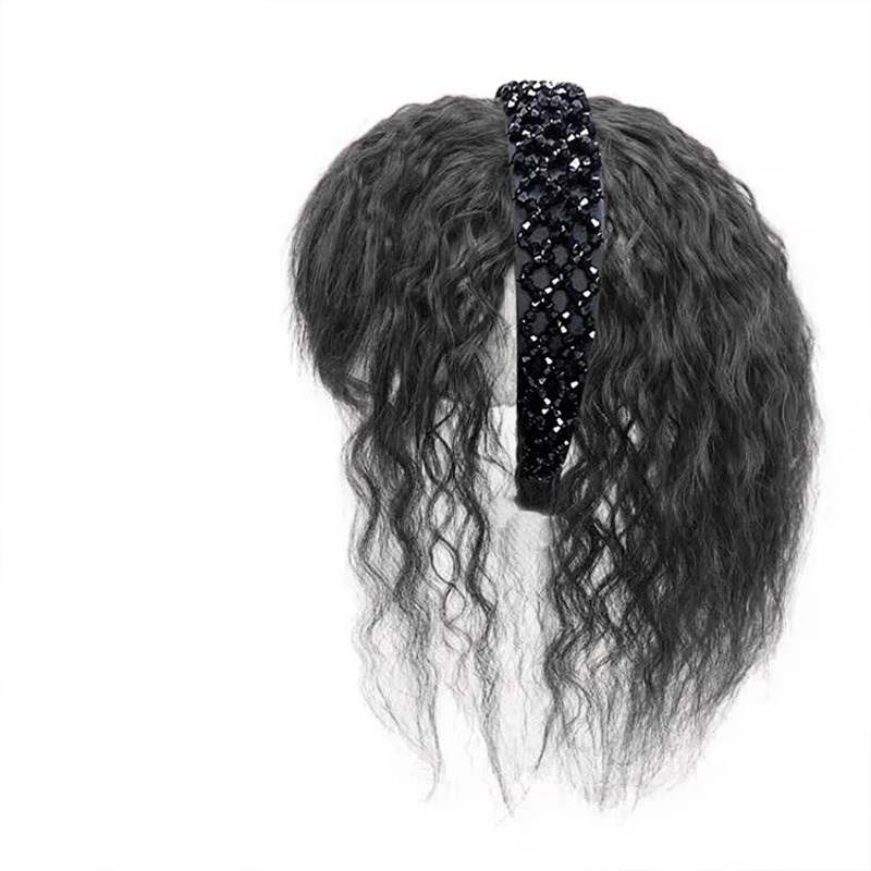假发女真发2023新款水钻发箍假发一体玉米须补发块遮盖白发卷发片