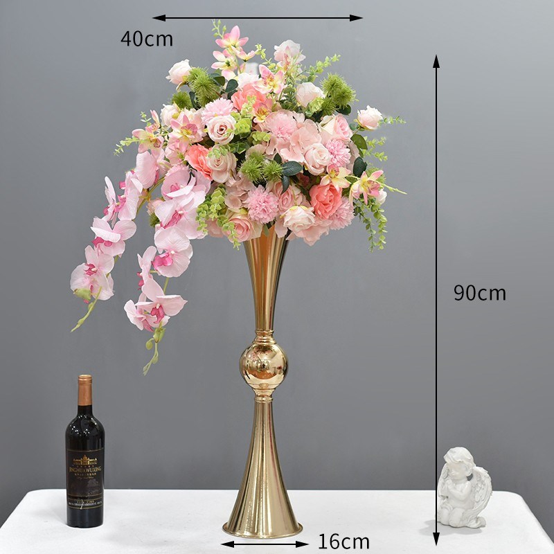 电镀喇叭主桌花仿真花摆件酒店饭厅婚礼宴会圆桌中间装饰花艺