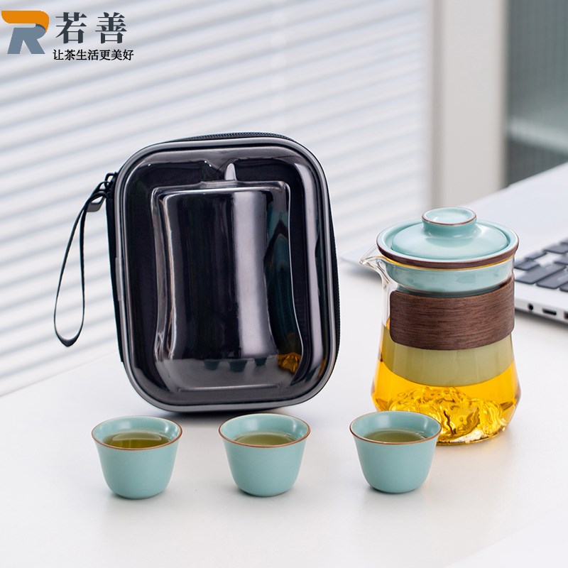 米黄汝窑快客杯一壶三杯便携旅行茶具套装便携式玻璃户外露营新款