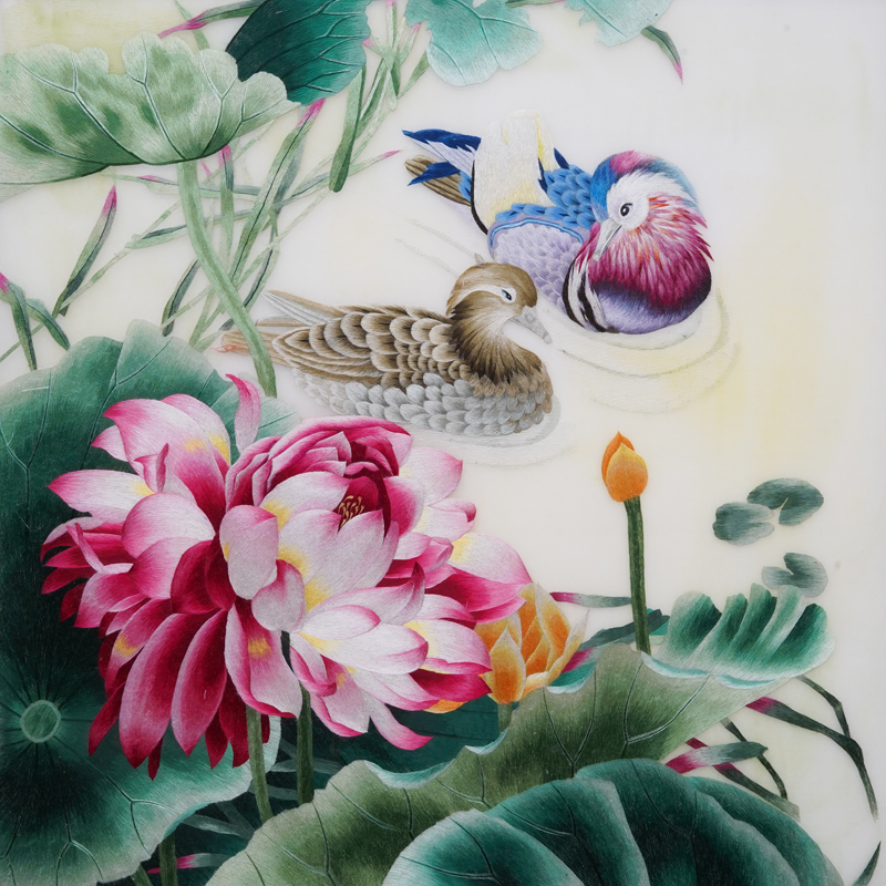 苏绣百年好合成品刺绣装饰画新中式荷花鸳鸯方形饭厅过道挂画图片