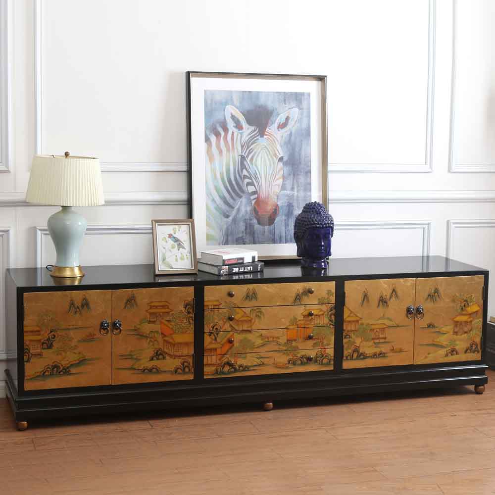 中式复古电视柜手绘地柜收纳储物实木仿古描金山水地柜酒店家具