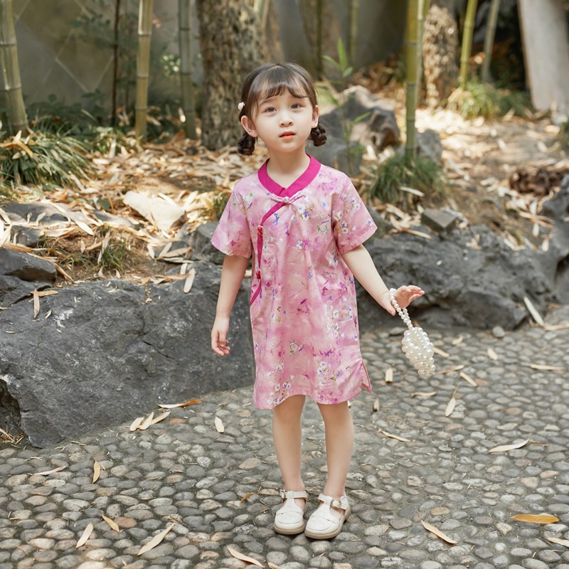 女童旗袍夏季儿童民国童装碎花改良低领连衣裙宝宝汉服中国风
