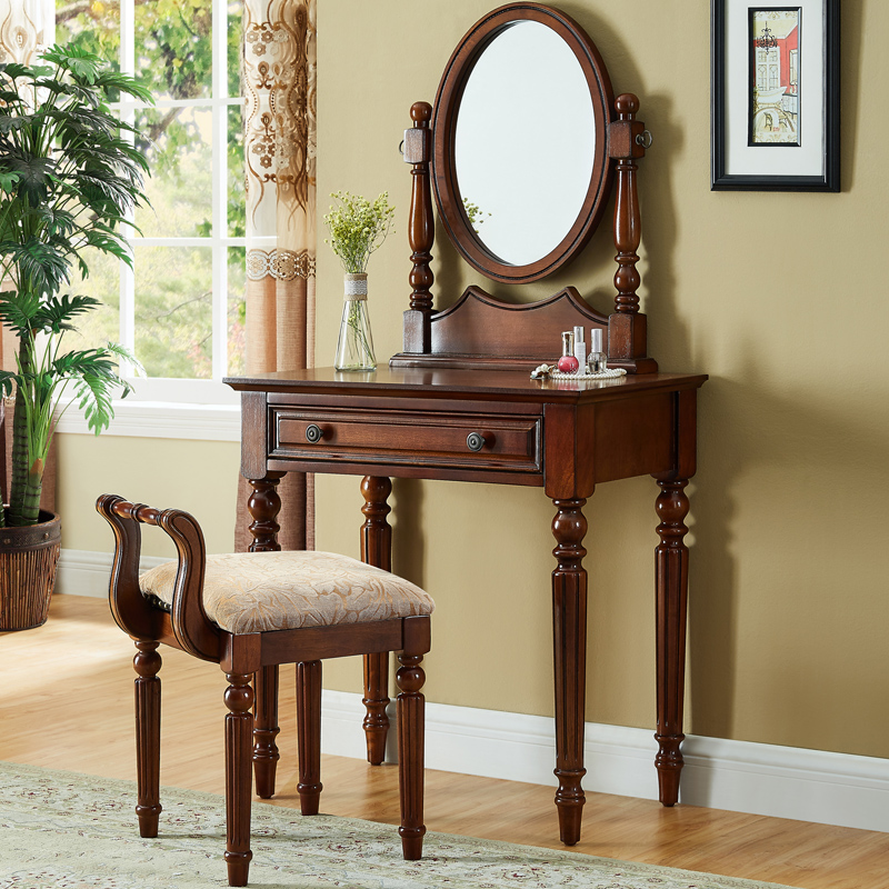 美式乡村梳妆台卧室小户型复古实木深色迷你欧式化妆桌镜凳田园