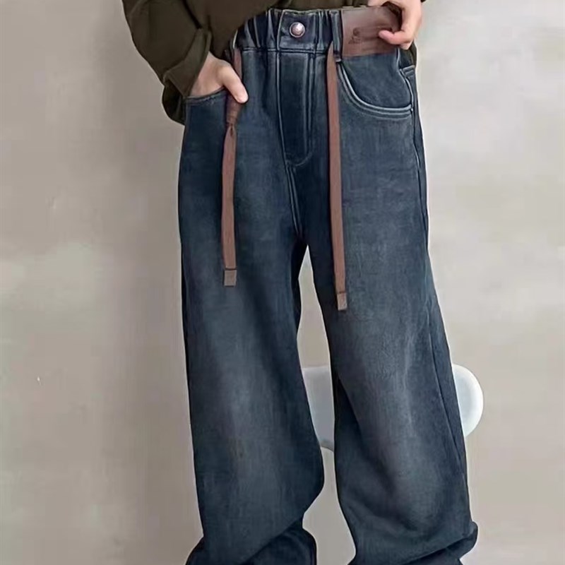 波拉韩国童装女童加绒牛仔裤2023秋冬款儿童直筒裤男童休闲长裤子