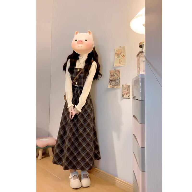 小香学院风格子背带连衣