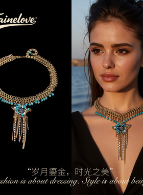 复古风绿松石镶钻五角星流苏项链