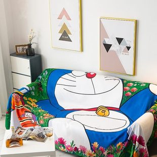 卡通动漫沙发垫大尺寸全盖布沙发扶手巾防尘单双人蓝胖子沙发罩套