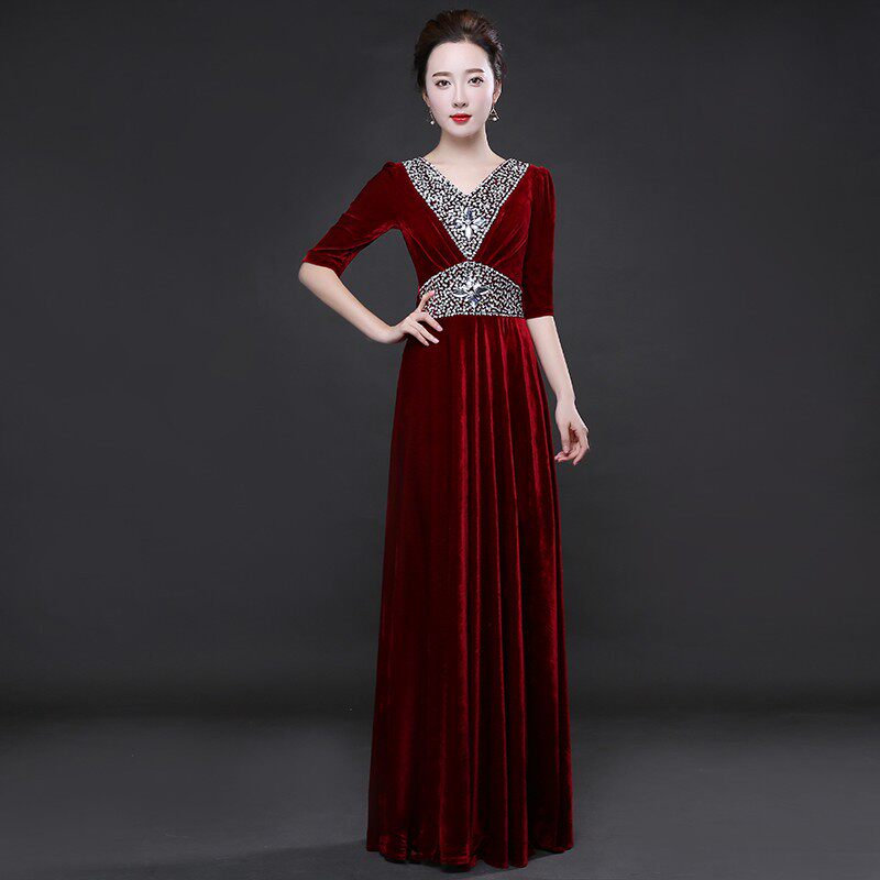 2020款中长袖大合唱演出服女长裙成人晚礼服长款聚会主持人礼服冬
