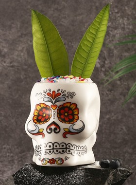 酒吧灵魂花面彩绘骷髅头个性鸡尾酒杯分子调酒北美特调陶瓷tiki杯