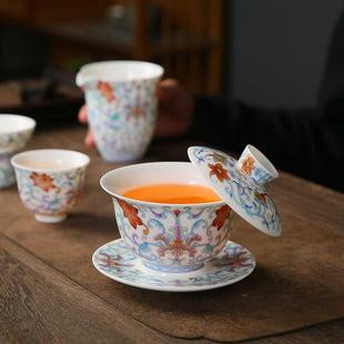 家用单个手工泡茶碗敬茶碗高档礼品功夫茶具 陶瓷悬停盖碗三才中式