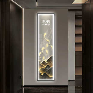 新中式玄关装饰画九鱼金山电子屏创意时钟灯画客厅墙走廊过道挂画
