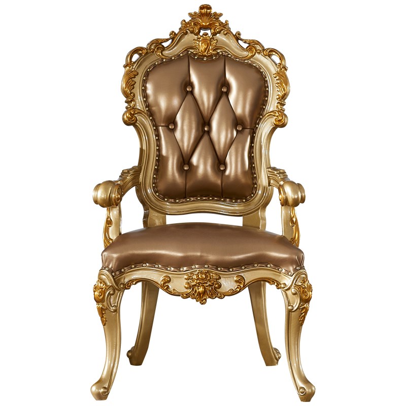 欧式餐椅 美式宫廷豪华香槟金全实木皮椅双面雕花家用餐椅书桌椅