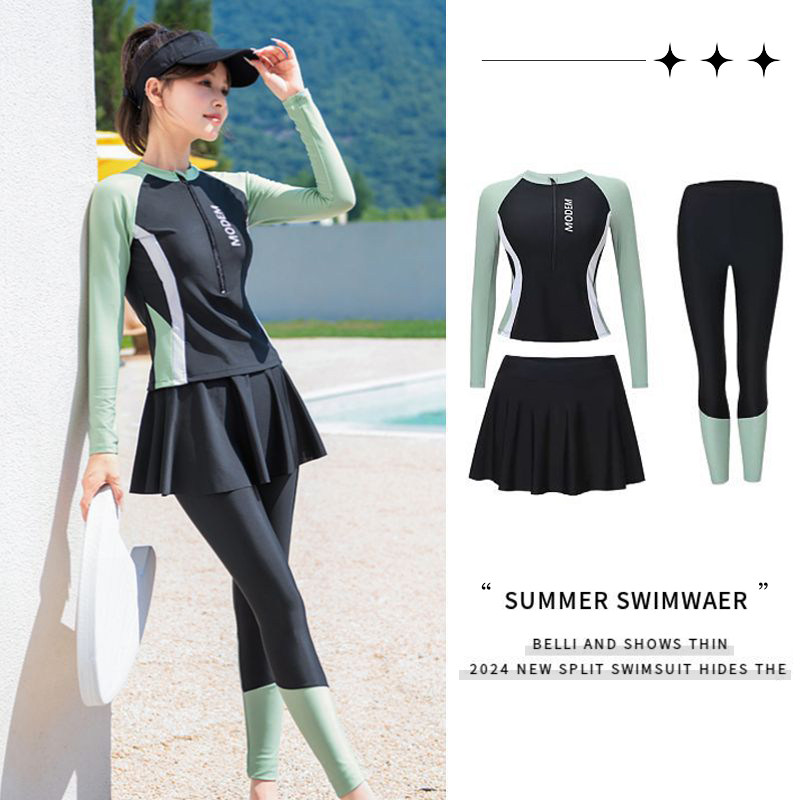 防晒泳衣女士2024新款游泳三件套保守分体长袖长裤冲浪浮潜水母服