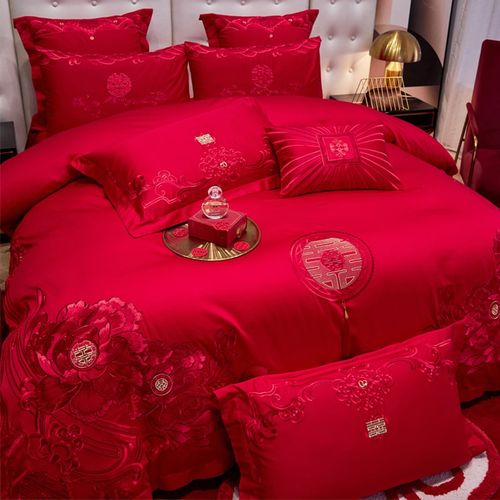 中式高档花卉全棉婚庆四件套喜字刺绣款纯棉被套床单结婚红色床品