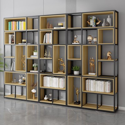 美式铁艺落地屏风隔断客厅架子实木书架现代简约展示架隔板置物架