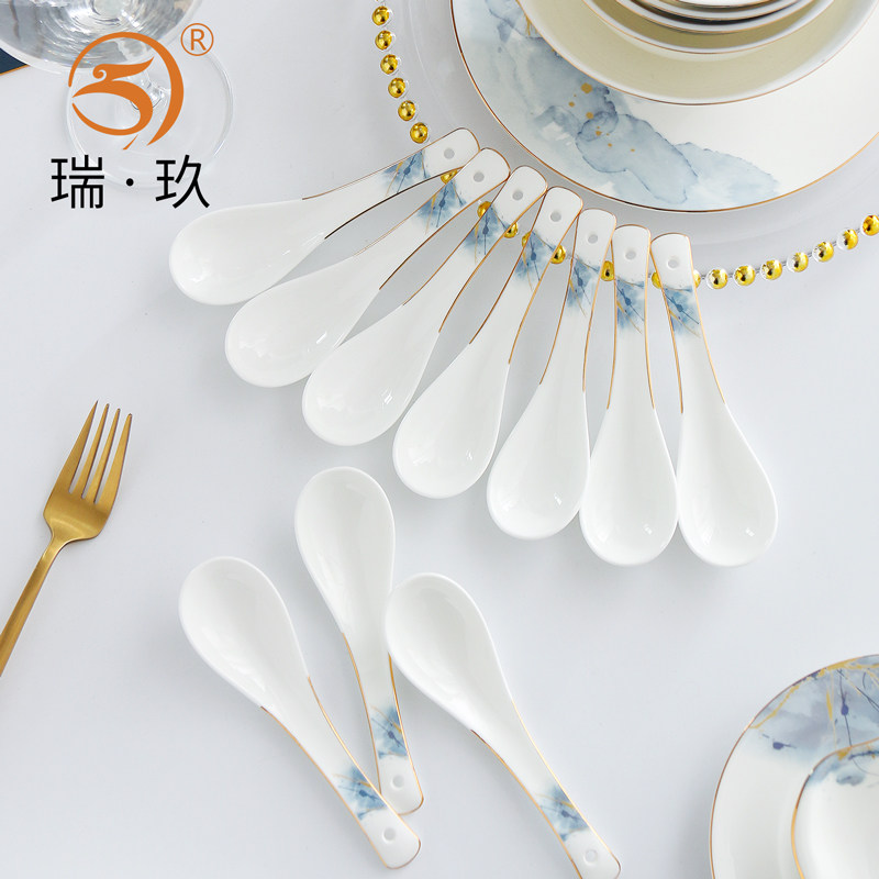 10个骨瓷小汤勺喝汤勺子家用金边吃饭喝粥勺调羹勺瓷Z勺短柄勺子