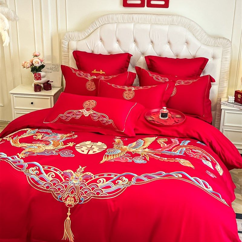 高档中式龙凤刺绣四结婚四件套大红色新婚房被套床单婚庆床上用品
