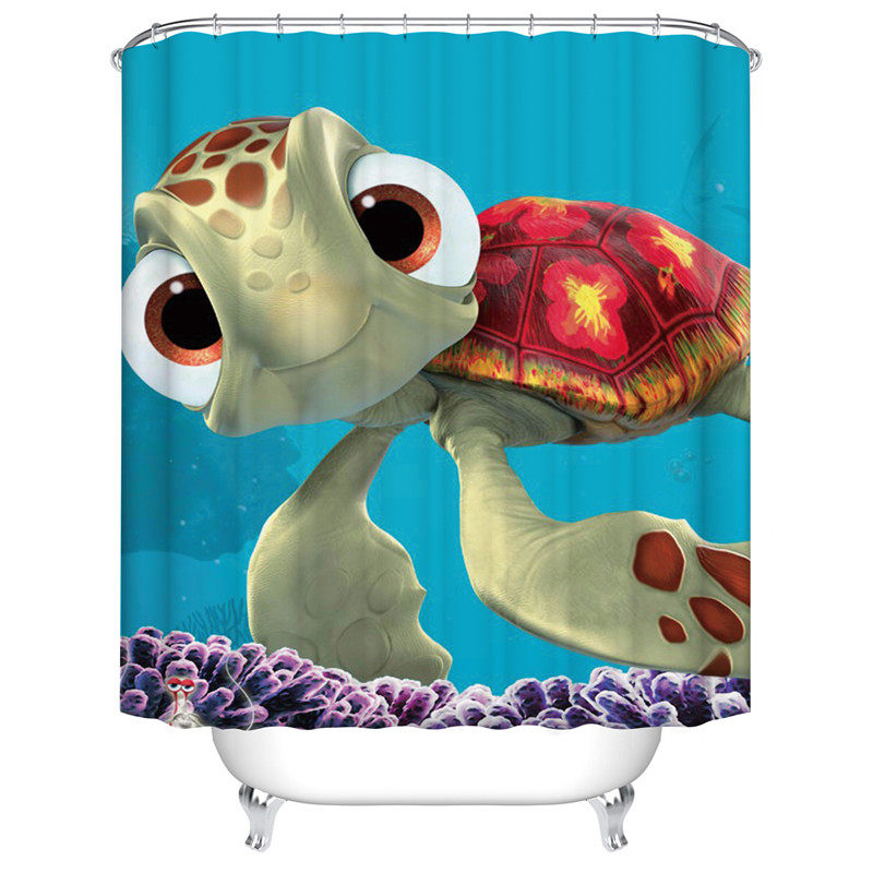 卡通儿童浴帘免打孔套装卫生间隔断挂帘浴室防水海豚海底世界海龟