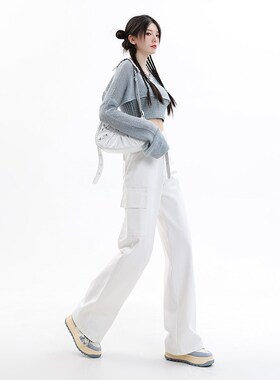 KRO白色工装休闲牛仔裤女2022秋冬新款宽松高腰直筒显瘦阔腿长裤