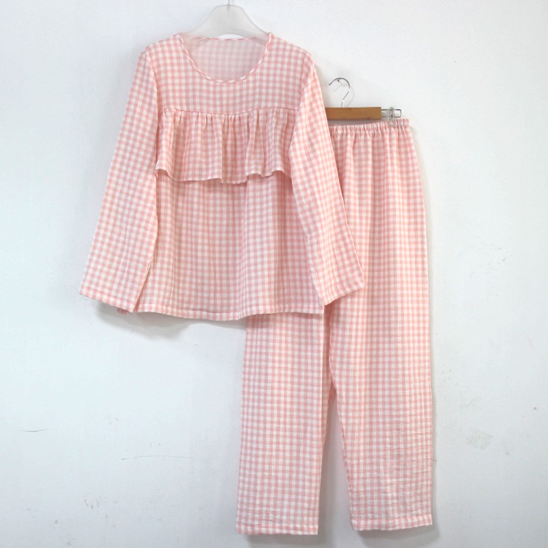 纯棉纱布防走光套装胸前荷叶边防凸点睡衣睡裤棉布遮胸家居服女夏