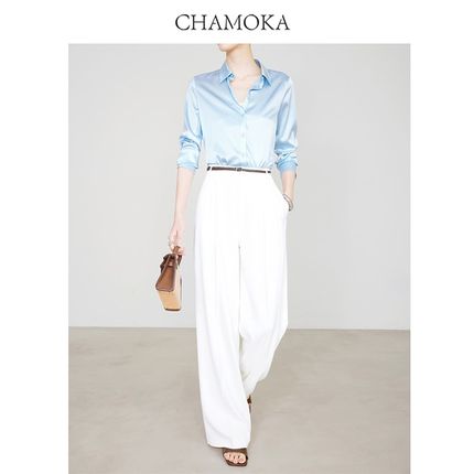 夏莫卡防透白色阔腿裤女薄新抗皱裤子加长直筒裤垂感西装裤夏9655