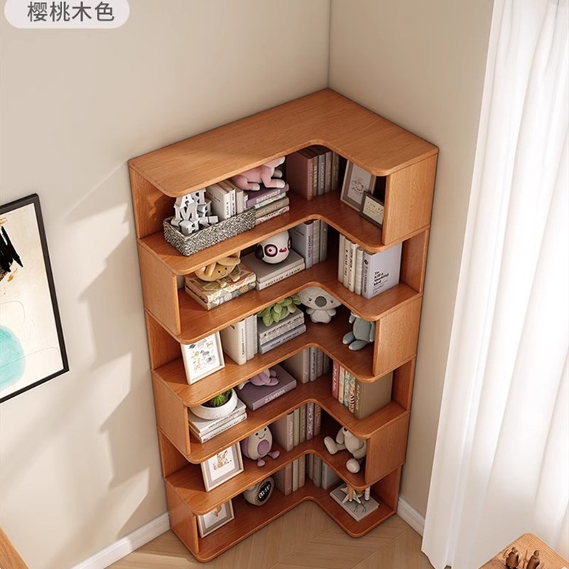 实木转角书柜拐角墙角柜书架落地组合多层置物架客厅书房沙发角落