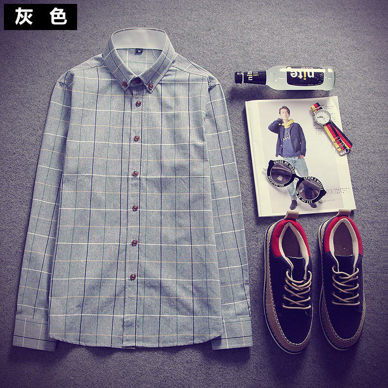 法娅茜格子长袖男装衬衫修身棉英伦风休闲百搭新款衬衫男式收腰寸