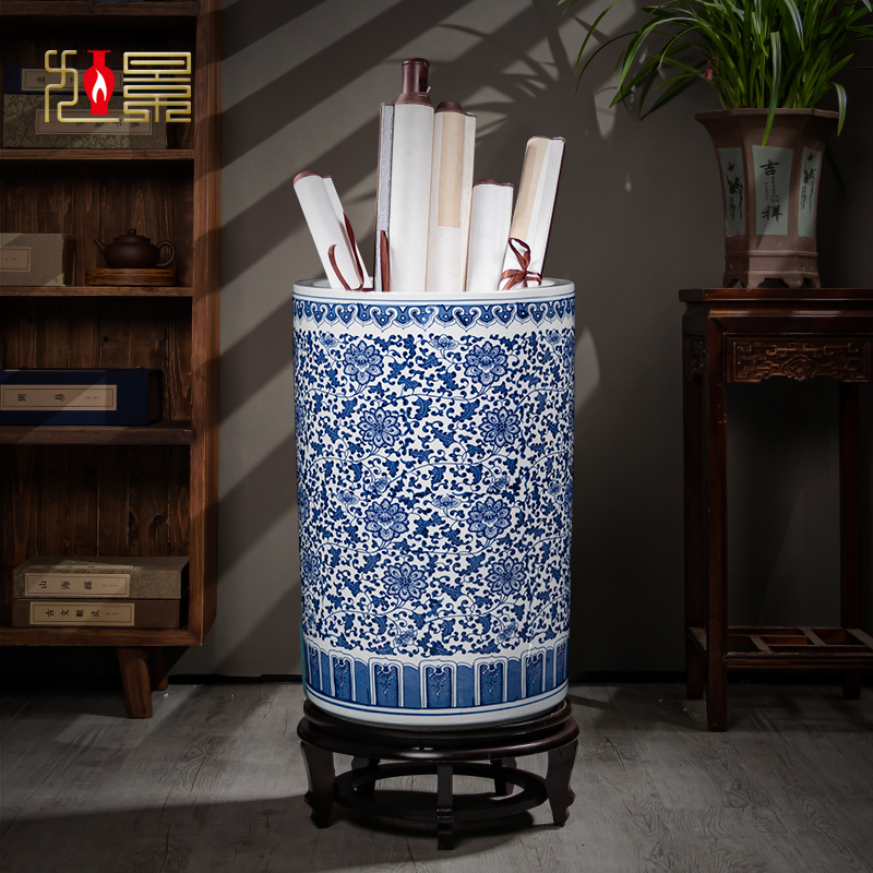 景德镇陶瓷器书画收纳缸中式字画桶卷轴缸书房客厅落地大花瓶摆件