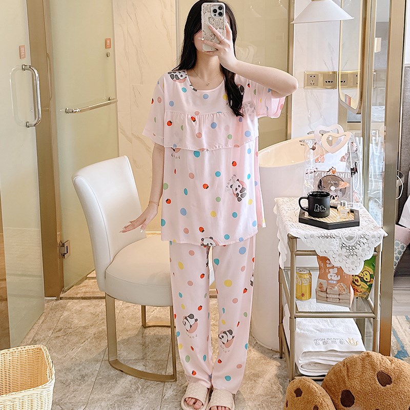 棉绸睡衣女夏季短袖薄款绵绸防透可爱卡通学生家居服大码长裤套装