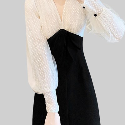 法式小个子网纱拼接连衣裙女2024年春季新款甜美撞色收腰A字裙潮