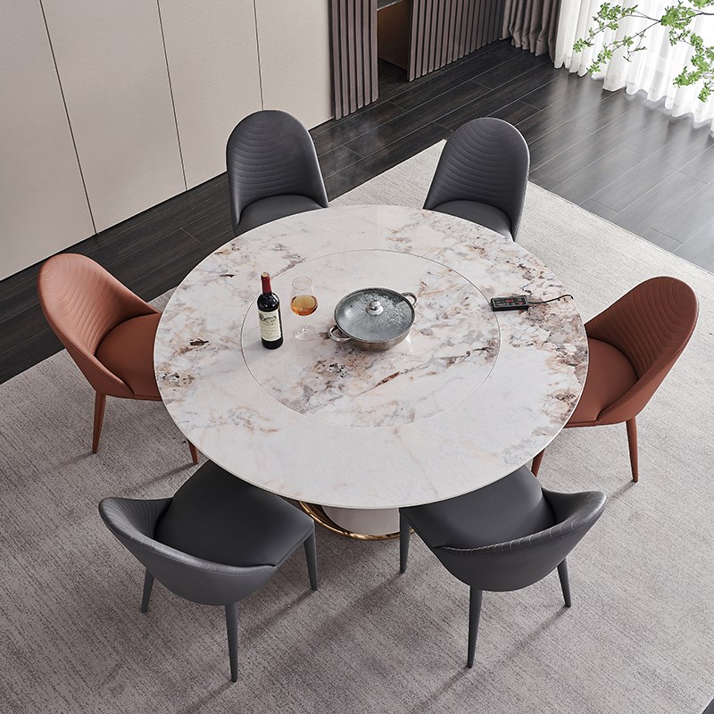 意大利轻奢亮光岩板餐桌内嵌旋转加热智能岩板导热火锅电磁炉方桌