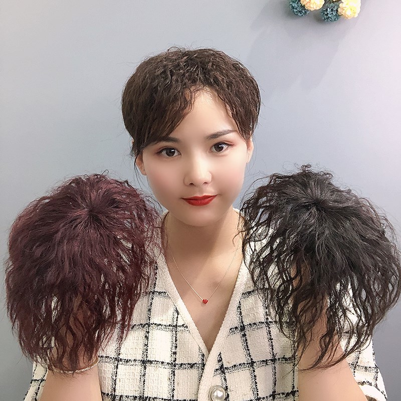 假发片头顶补发块小卷发短发真发遮白发轻薄蓬松玉米须刘海假发女