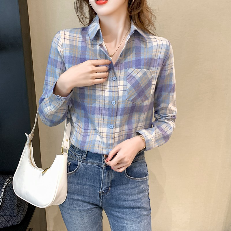 蓝色格子衬衫女长袖2025年春秋装新款磨毛英伦风休闲外穿纯棉衬衣