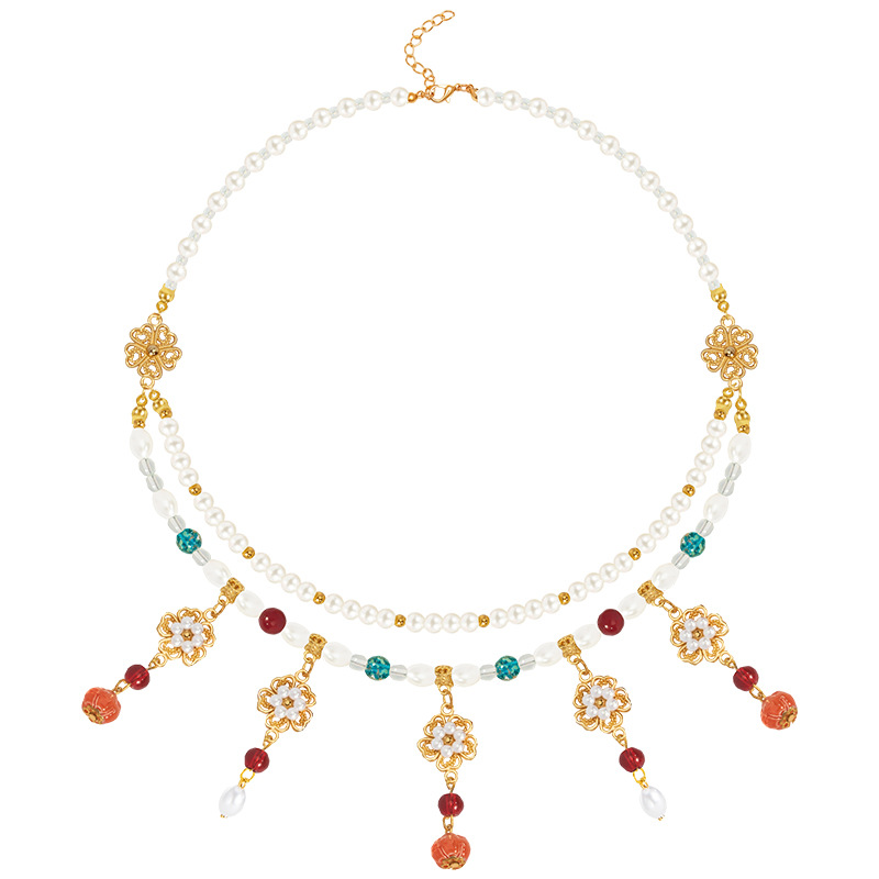 儿童古风汉服项链耳环璎珞珍珠额饰双层流苏颈链西域风敦煌配饰女