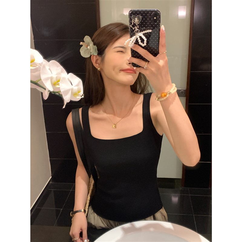 1Xone法式方领红色针织吊带背心女夏季外穿2024修身显瘦无袖上衣