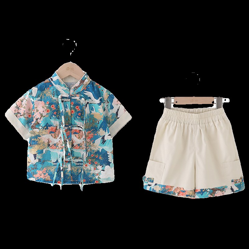 新中式男童唐装夏季汉服儿童国风套装宝宝短袖古装小男孩古风服装