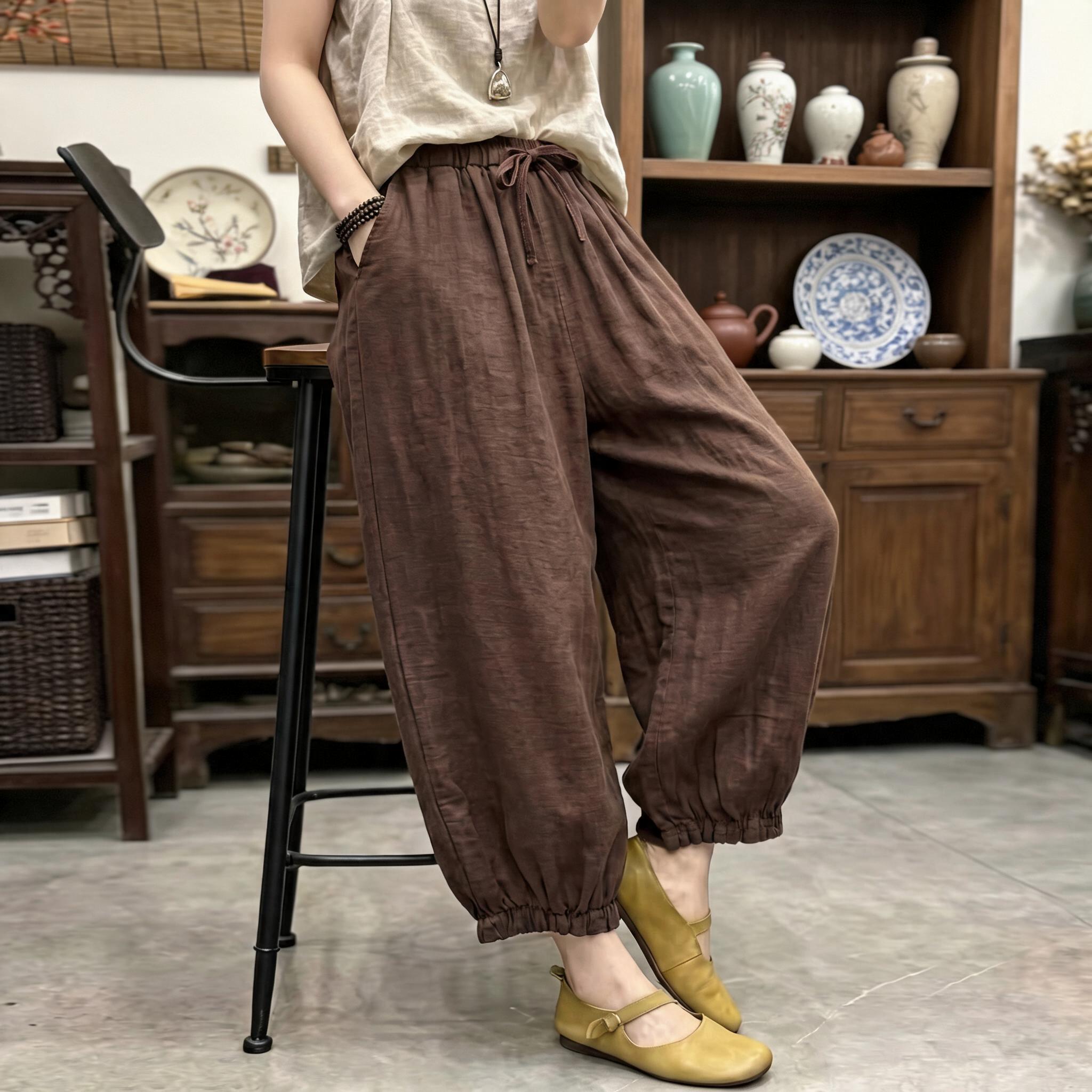 双纱棉女松紧腰九分灯笼裤图片