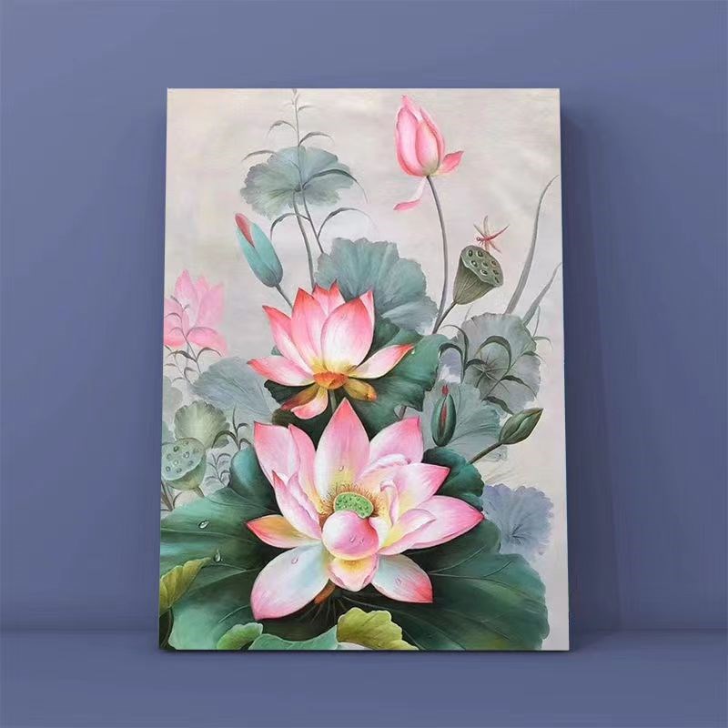 diy数字油画 解压花卉卡通动漫手工填色油彩涂鸦卧室装饰画荷花图片