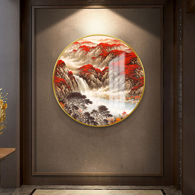 海纳百川山水画新中式圆形客厅餐厅挂画入户玄关装饰画背景墙壁画