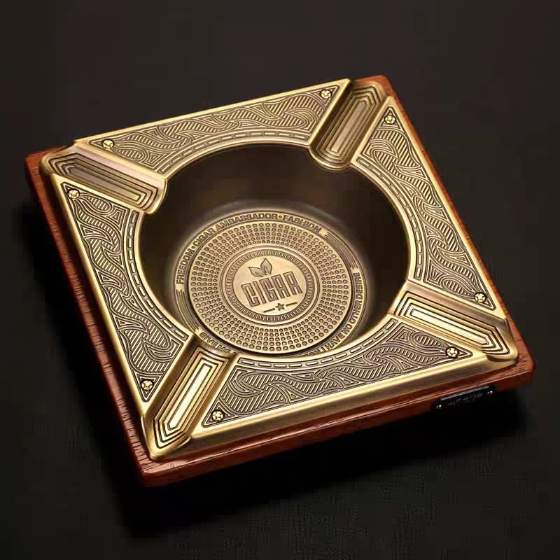 德国高端雪茄烟灰缸高档菠萝格实木金属时尚大号烟缸复古创意方形