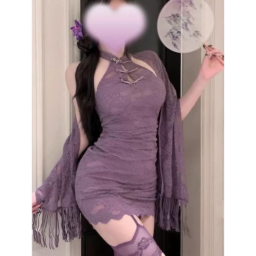 2025新款紫腚能行紫色韵味新中式蕾丝大码旗袍连衣裙女辣妹包臀裙