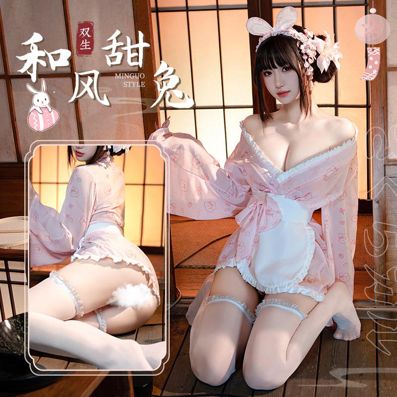 糯糯小兔叽私房印花雪纺和服纯欲透视内衣性感围裙超短露臀诱惑裙