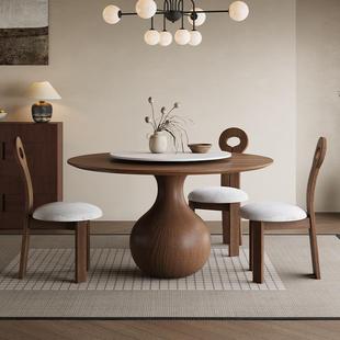 家用带转盘简约复古餐桌椅组合饭桌 中古风实木岩板圆桌2025年新款