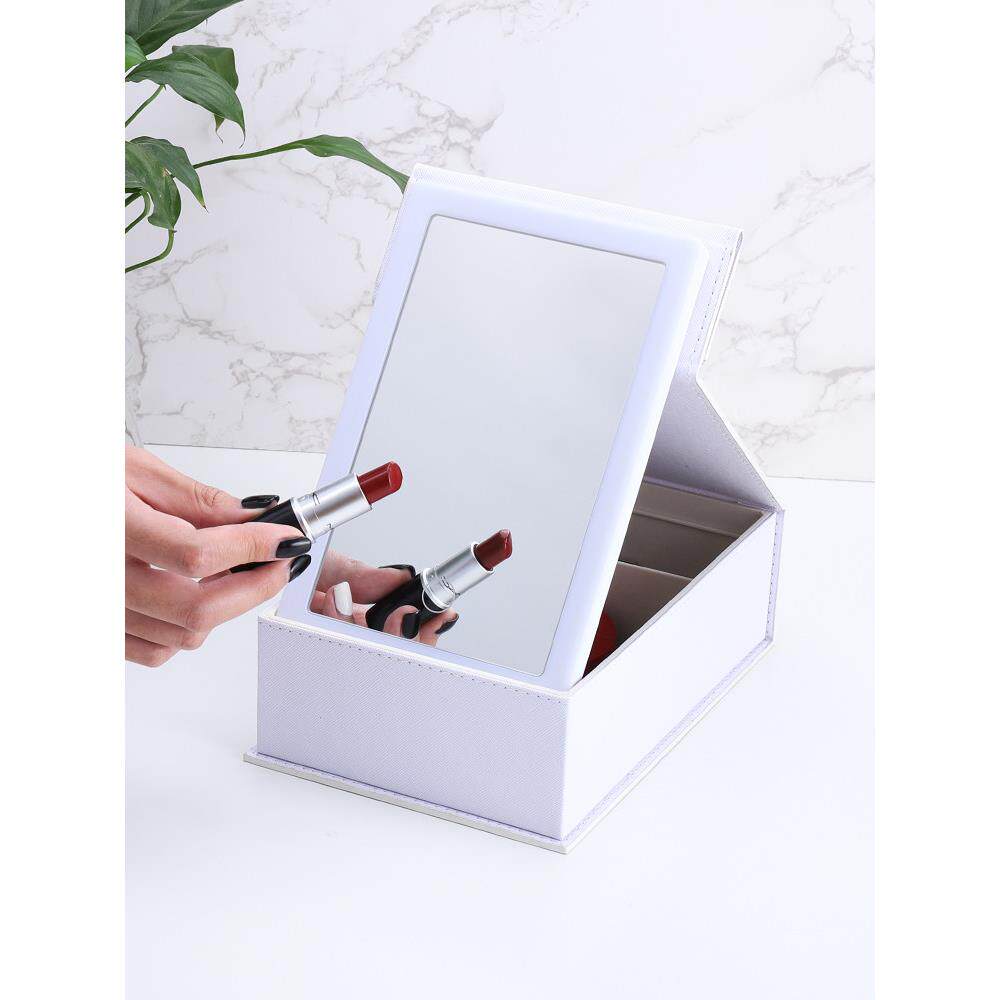 收纳盒LED折叠化妆镜台式镜子学生宿舍桌面镜便携发光镜少女梳妆