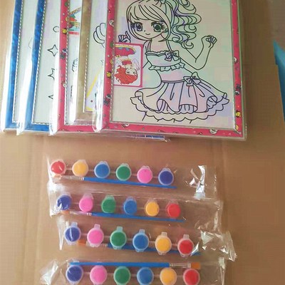 儿童新款中性画板沙画o胶画水彩画涂鸦画框金粉6连体丙烯颜料套装