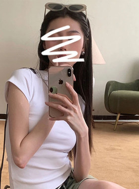 MosesQueen魔西女王白色正肩短袖t恤女夏季掐腰显瘦百搭圆领上衣